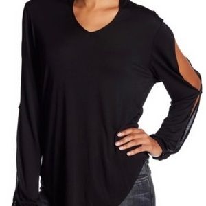 Haute Hippie Black Long Split-Sleeve Lightweight Modal V-Neck Blouse Sma…